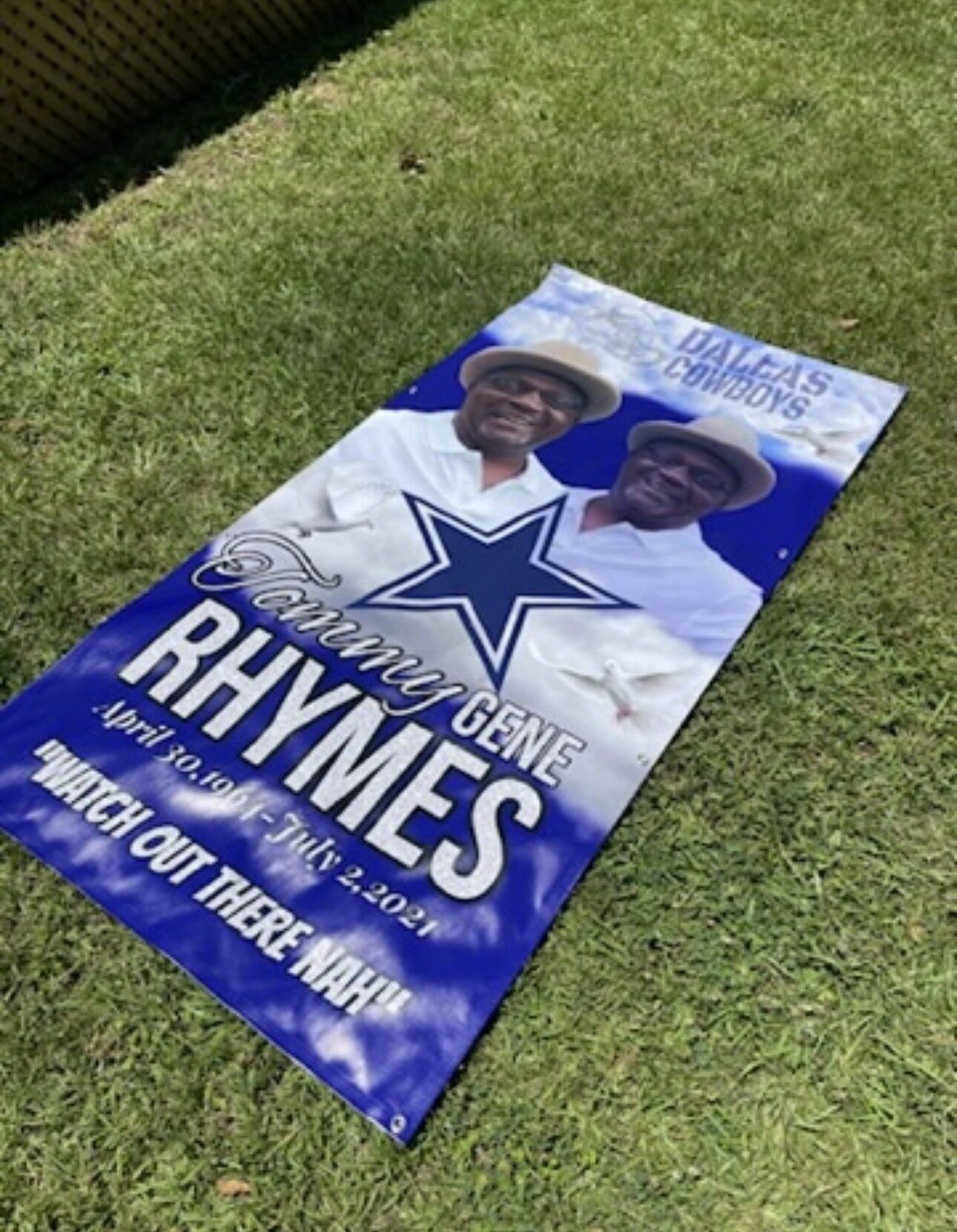 Blue personalized Dallas Cowboys memorial grave cover