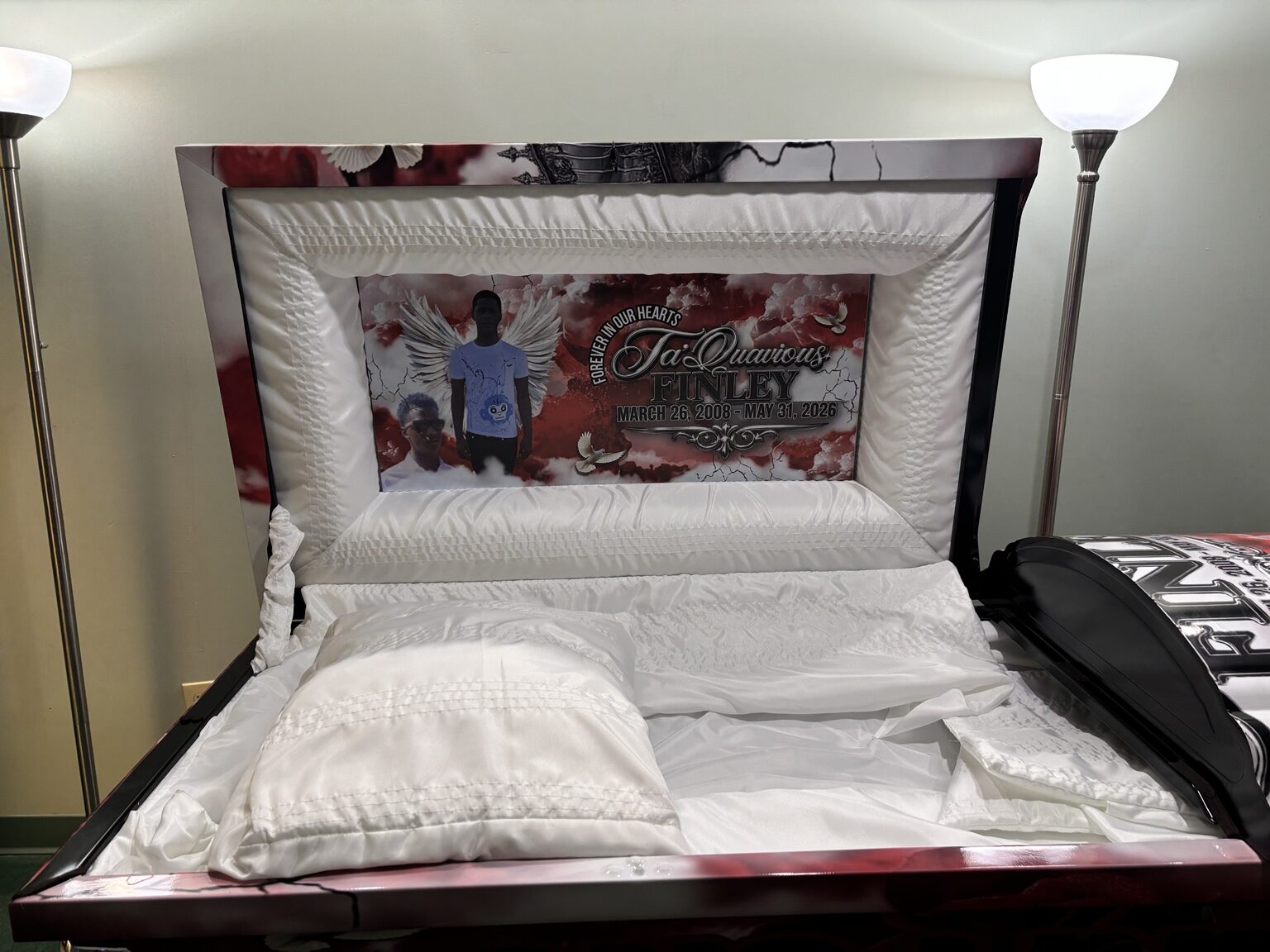 Custom casket interior panel and coordinated wrap