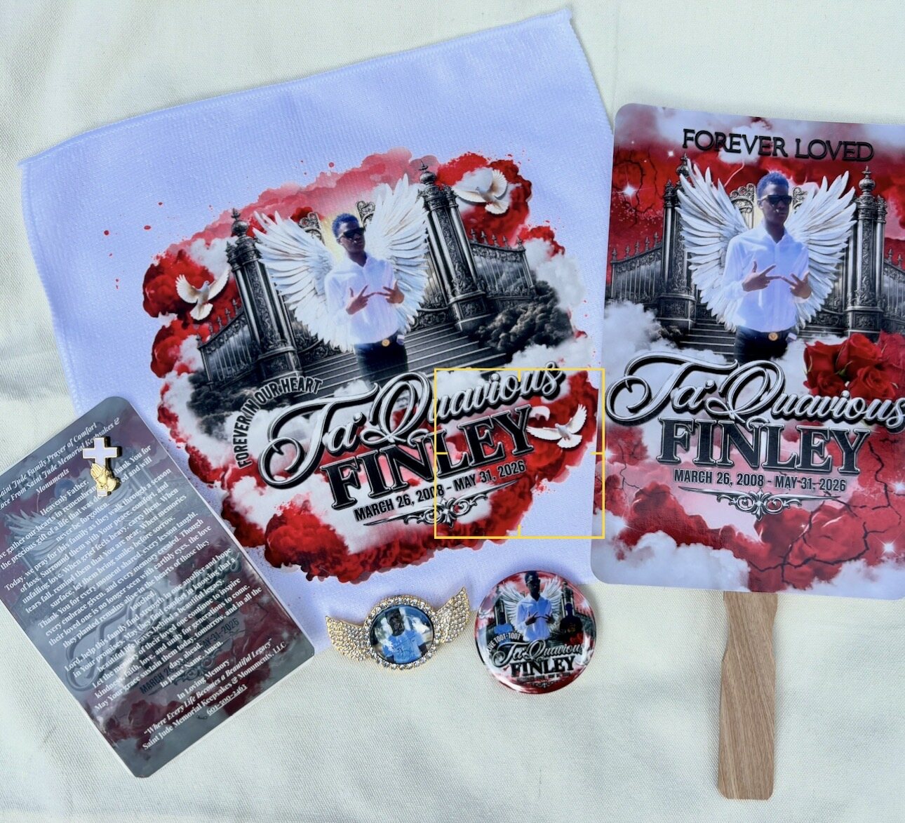 Coordinated memorial towel, fan, prayer card, angel pin, and photo button