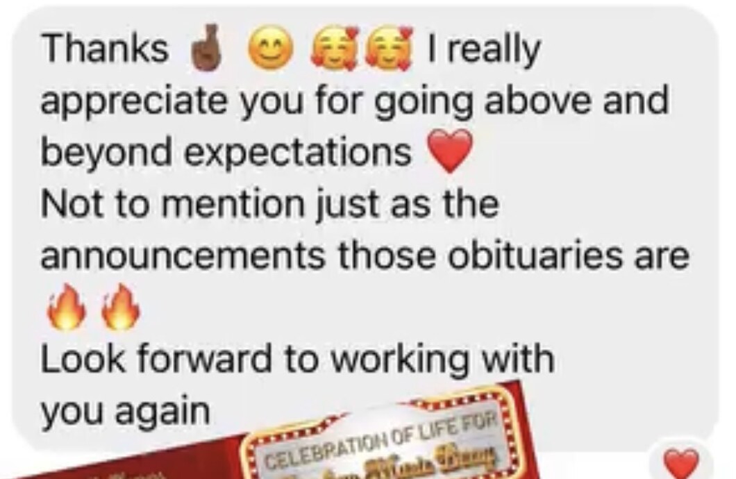 Family review thanking Saint Jude for going above and beyond expectations and praising the obituary design.