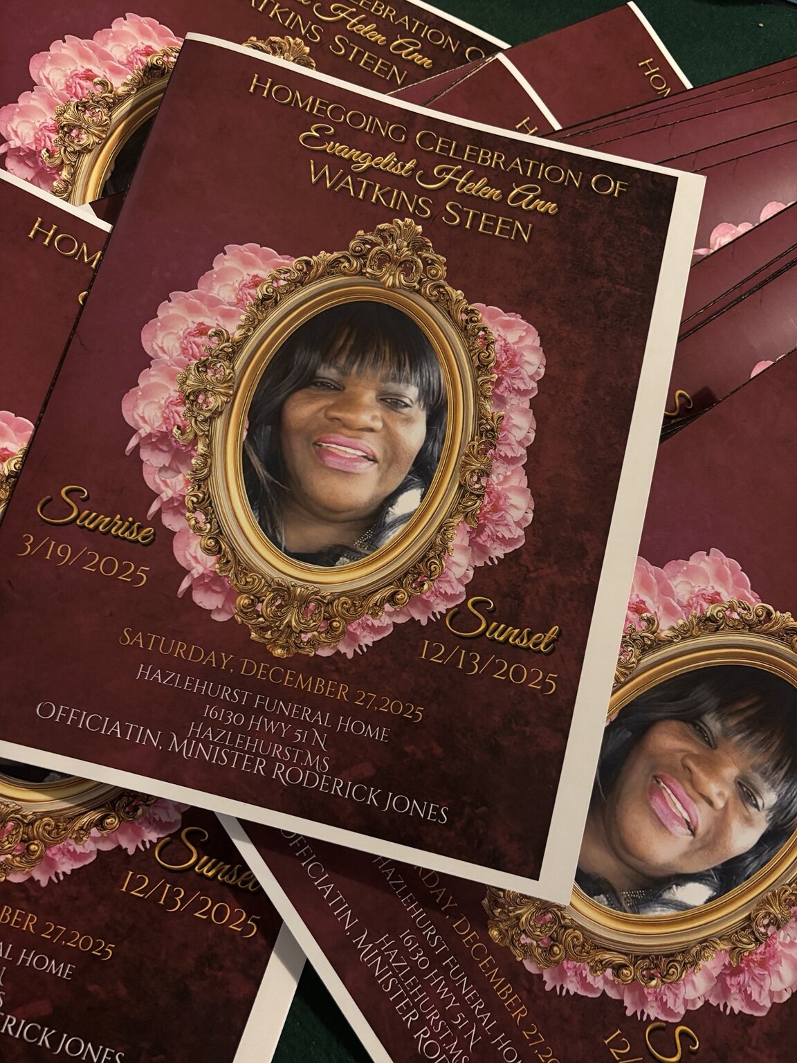 Burgundy, pink, and gold custom homegoing celebration programs