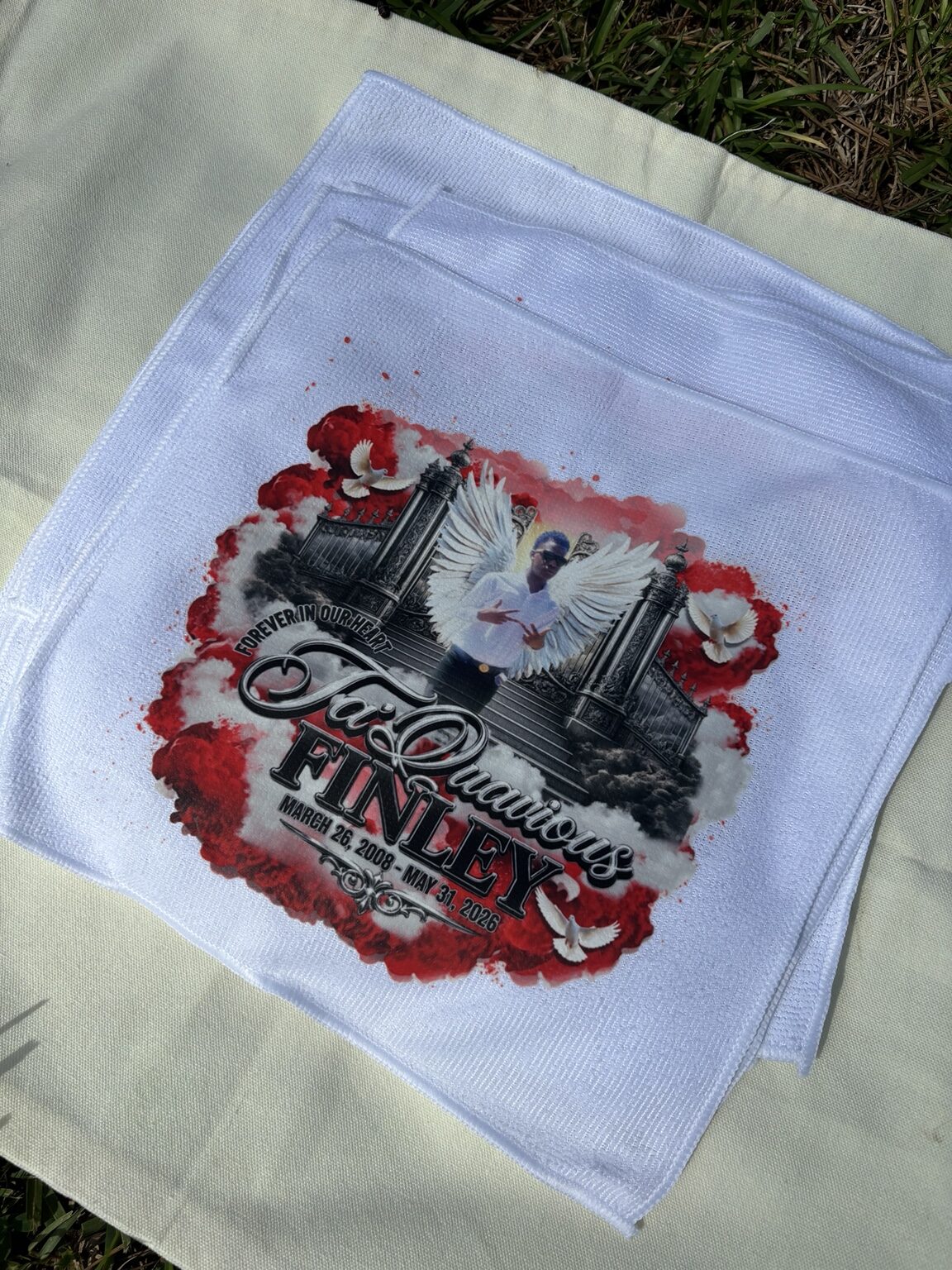 Personalized red, black, and white memorial towel